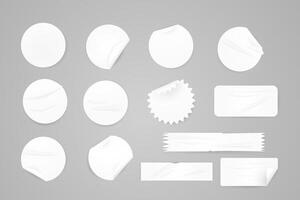 realistic illustration of white round and rectangular stickers , set vector