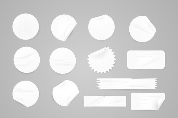 realistic illustration of white round and rectangular stickers , set