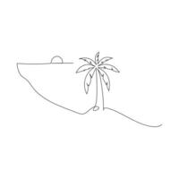One continuous line drawing on a white isolated background. Minimalism linear illustration.Sailing yacht on a tropical island. Island coast in the ocean. Palm trees on the paradise shore, vector