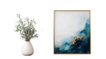A painting with gold frame and a vase with eucalyptus leaves png
