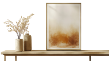 A framed painting on a table next to a vase png