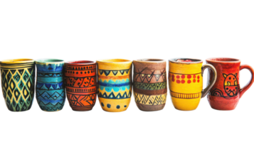 A row of colorful vases with designs on them png