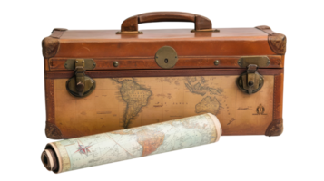 A suitcase and map with a roll of paper png