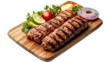 Grilled meat on a wooden cutting board with vegetables png