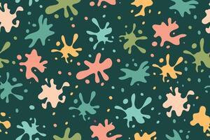 Multicolored spots and drops of paint seamless pattern on a green background. Fashionable artistic Background of multicolored spots and splashes for your design vector