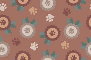 Seamless pattern of award symbol icon. Badge with dog or cat paw print and ribbons. Pet show winner concept. illustration on mocha mousse background. vector