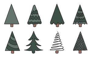 Set of hand drawn green Christmas trees. Modern Christmas trees in doodle style. set for holiday greeting cards, packaging, decor. vector