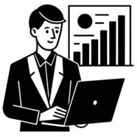 Digital Marketer Remotely Analyzes Data in Silhouette Workspace laptop vector