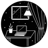 Cozy Evening Workspace with Silhouette Remote Worker desk calm focus vector