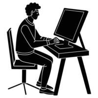 Digital Artist Working Remotely Silhouette on White vector