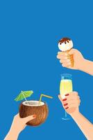 Summer party blue background with hands holding drinks and ice cream vector