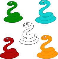 Cute graphic line snake in four colors. Colorful suffocating reptile. Chinese New Year symbol. Funny snake character isolated on white background. illustration for card, sticker, calendar vector