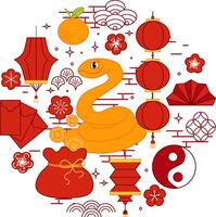 Chinese year of zodiac snake 2D illustration concept. Graphic line snake CNY lantern festival round composition. Serpent reptile. New year animal 2025 isolated on transparent white. vector