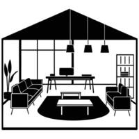 Open Workspace with Modern Furniture Silhouette on White vector