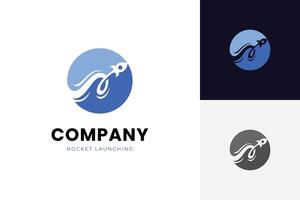 rocket launch logo icon design with world explore graphic concept symbol for astronomy, technology, business start up logo elements vector