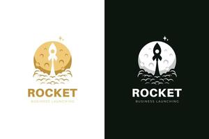 Rocket Launching in the moon logo icon design with world explore graphic concept symbol for astronomy, astrology, science two version logo template vector