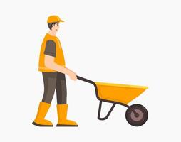Construction worker in safety working uniform pushing empty wheelbarrow vector