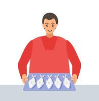 Man selling fish in traditional market vector