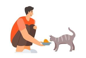 Man feeding a domestic cat with cat food in bowl vector
