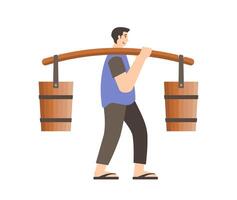 Man deliver water using traditional wooden bucket vector