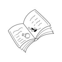 Open old magic book with illustration and text. Black line Doodle Book with cover, open book with spells. Isolated illustration theme magic, book, alchemy, recipe, ancient literature. vector