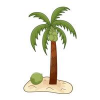 Palm tree with green coconuts stands tall on yellow sand island. Colorful Isolated illustration. vector