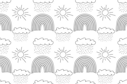 Hand-drawn seamless pattern with rainbows, clouds, raindrops, and suns, designed for coloring purposes. vector