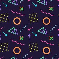Vibrant seamless pattern featuring colorful geometric shapes, arrows, and wavy lines on a dark background. vector
