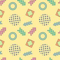 Seamless geometric pattern featuring arrows, circles, dotted elements, and colorful shapes on a soft yellow background. vector