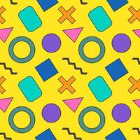 Seamless vibrant pattern with circles, triangles, rectangles, and zigzag lines in bold colors on a bright yellow background. vector