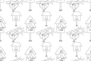 Seamless black and white pattern of birds with birdhouses, clouds, and suns, ideal for coloring books and creative use. vector