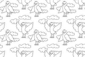 Seamless black and white pattern featuring birds and clouds, perfect for coloring books and creative activities. vector