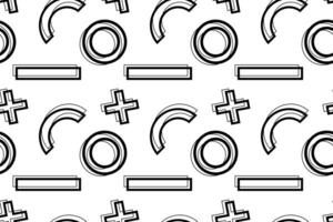 Seamless abstract pattern featuring circles, half arcs, rectangular bars, and plus symbols in black-and-white design. vector