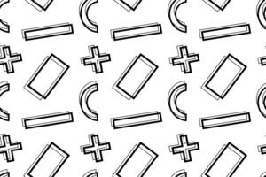 Minimalist black-and-white seamless pattern featuring crosses, rectangles, and semi-circles in an abstract design. vector