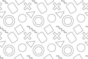 Black and white pattern featuring circles, triangles, rectangles, zigzags, and crosses in a seamless design. vector