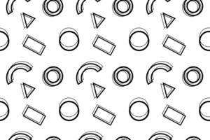 Black-and-white seamless pattern featuring circles, rectangles, triangles, and semi-circles in a minimalistic design. vector