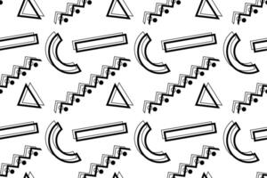 Minimalist monochrome seamless pattern with black zigzags, triangles, and rectangles on a white background. vector