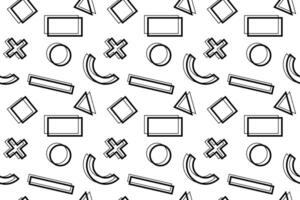 Monochrome abstract pattern featuring circles, rectangles, triangles, and crosses in a seamless design. vector