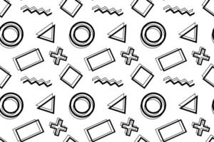 Seamless black-and-white geometric pattern featuring circles, triangles, rectangles, crosses, and zigzag lines. vector