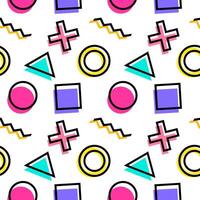 Seamless pattern of vibrant geometric shapes including circles, squares, triangles, and crosses in modern pop art style. vector