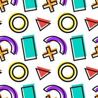 Seamless abstract pattern with bold geometric shapes including circles, triangles, arcs, rectangles, and plus symbols on a white background. vector