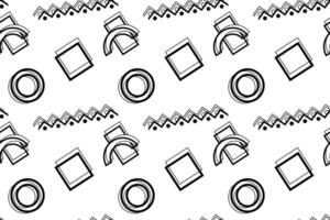 Monochrome seamless pattern with circles, squares, zigzags, and abstract shapes in a clean design. vector