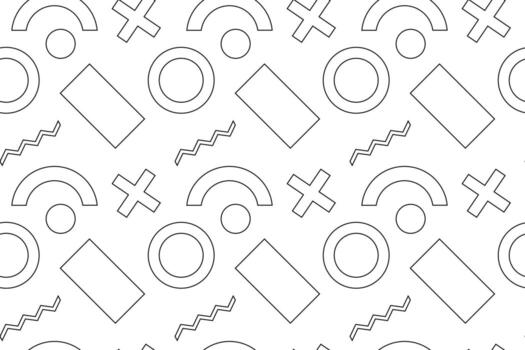 Black and white seamless pattern with circles, arcs, rectangles, crosses, and zigzag lines in a minimalist style. vector