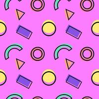 Seamless retro-style pattern featuring circles, rectangles, triangles, and arcs in vibrant pastel tones on a pink background vector