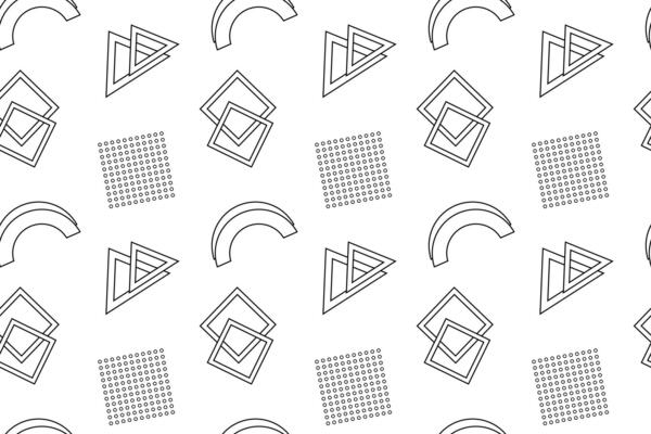 Minimalist seamless pattern featuring triangles, circles, squares, and dotted textures in black and white design.