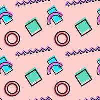 Seamless geometric pattern featuring pastel tones, including pink, green, and blue rectangles, circles, zigzag lines, and arcs. vector