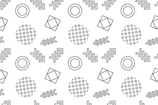 Monochrome seamless pattern featuring dotted circles, squares, arrows, and geometric lines in a clean design. vector