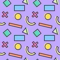 Seamless abstract pattern with colorful geometric shapes including circles, triangles, rectangles, and crosses on a purple background. vector