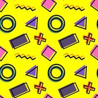 Seamless geometric pattern with circles, triangles, rectangles, zigzags, and crosses in bold retro colors on a yellow background. vector