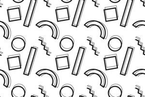 Seamless abstract pattern featuring half circles, squares, rectangles, and zigzag lines in black-and-white design. vector